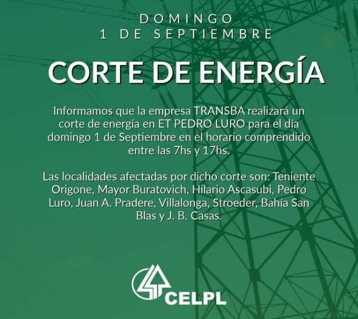 Corte de energía afectará varias localidades del Partido este domingo