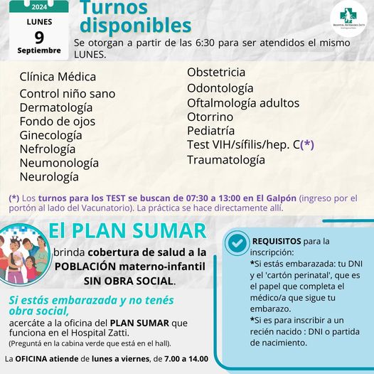 Hospital Zatti – TURNOSDISPONIBLES para este LUNES 9 de septiembre de 2024.