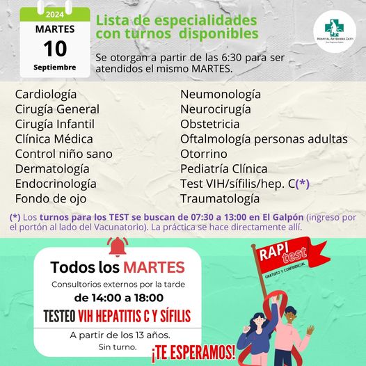 Hospital Zatti –  TURNOSDISPONIBLES para este MARTES 10 de septiembre de 2024.