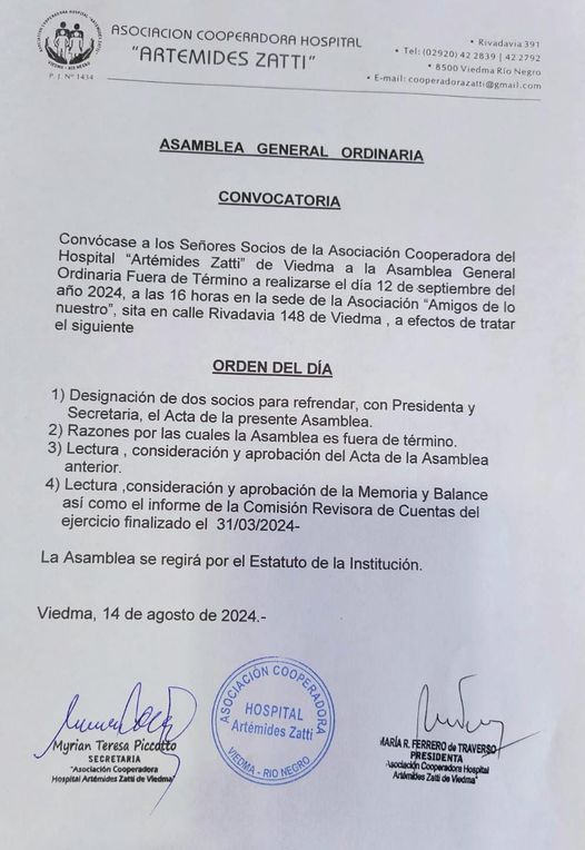 CONVOCATORIA A LA ASAMBLEA GENERAL ORDINARIA DE LA COOPERADORA DEL HOSPITAL ZATTI.