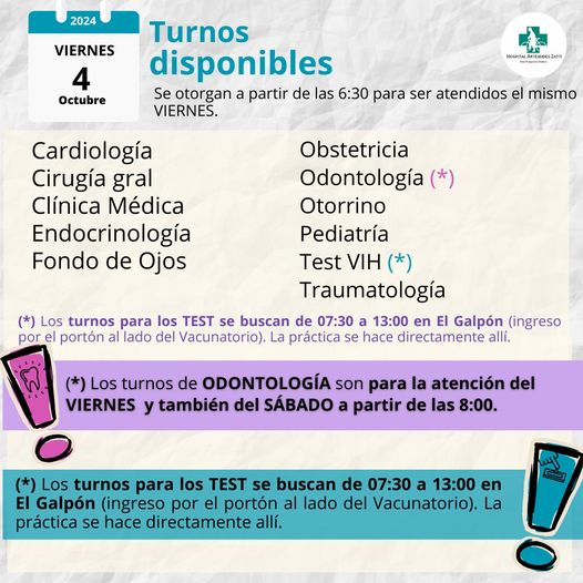 Lista de especialidades que tienen TURNOS DISPONIBLES para este VIERNES 4 de octubre de 2024.