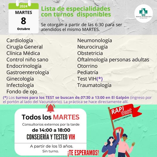 Lista de especialidades que tienen TURNOS DISPONIBLES para este MARTES 8 de octubre de 2024.