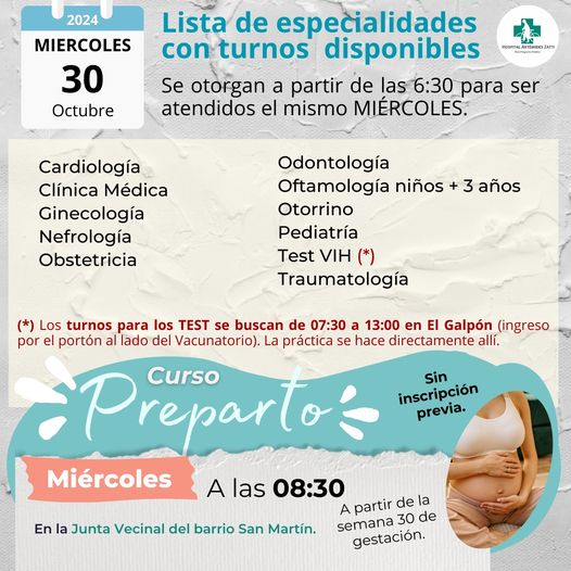 Hospital Zatti – TURNOS DISPONIBLES para este MIÉRCOLES 30 de octubre de 2024.