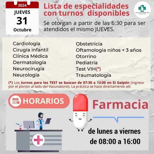 HOSPITAL ZATTI – TURNOS DISPONIBLES para este JUEVES 31 de octubre de 2024.