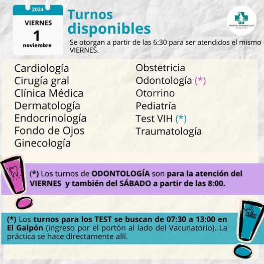 Hospital Zatti –  TURNOS DISPONIBLES para este VIERNES 1 de noviembre de 2024.