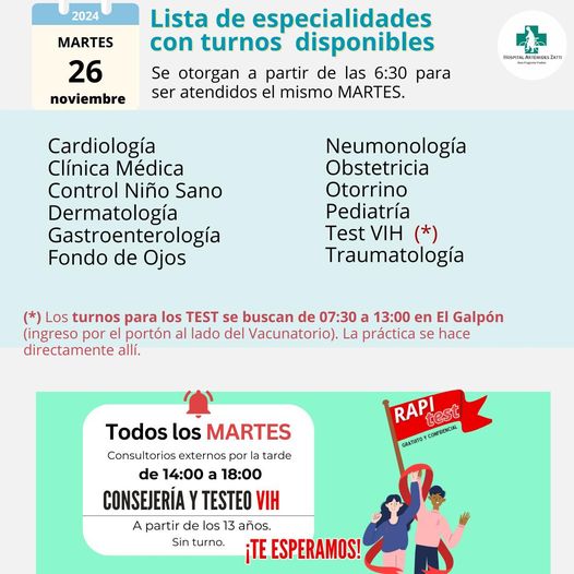 Lista de especialidades que tienen TURNOS DISPONIBLES para este MARTES 26 de noviembre de 2024.