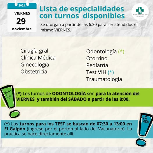 Lista de especialidades que tienen TURNOS DISPONIBLES para este VIERNES 29 de noviembre de 2024.