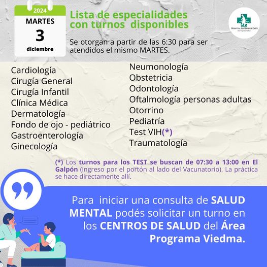 Lista de especialidades que tienen TURNOS DISPONIBLES para este MARTES 03 de diciembre de 2024.