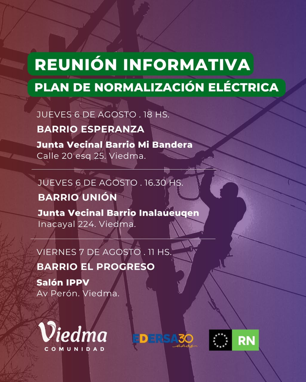Convocan a reuniones informativas en los barrios Esperanza, Unión y El Progreso por el acceso seguro a la electricidad