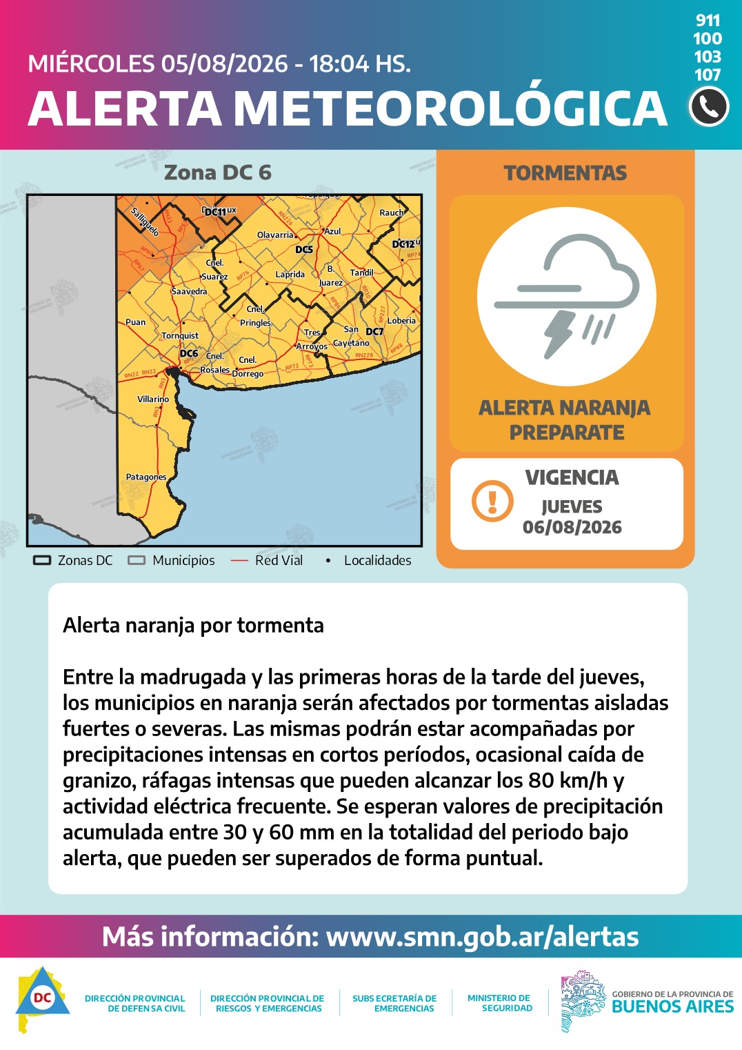 Descripción alerta naranja y amarillo por tormentas – Jueves 6/8